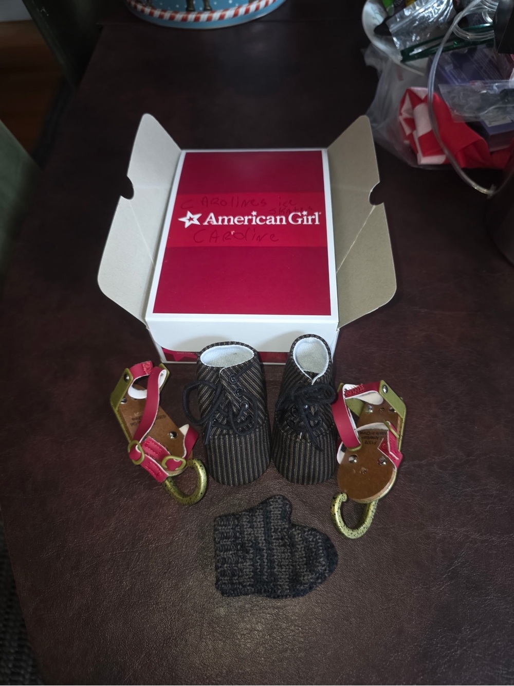 American Girl Caroline, Brown Striped Lace-Up Boots w Skates and pair of mittens